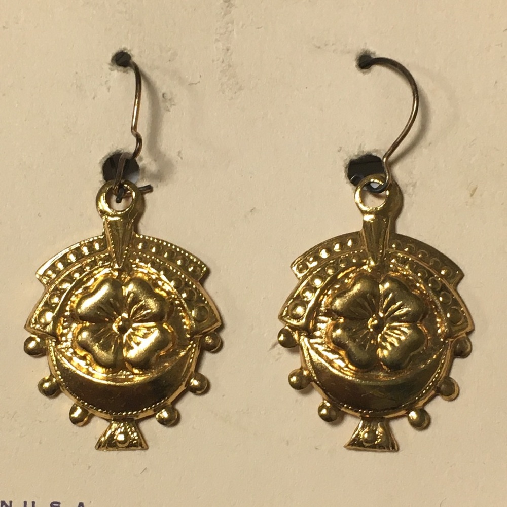 30s 40s Gilt Pressed Brass Earrings four Leaf Clover Crecent Moon NOS Vintage